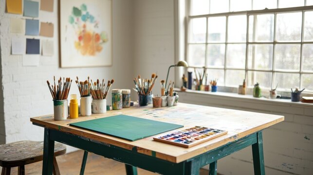 A serene art studio space with neatly organized paints brushes and canvases illuminated by warm sunlight inspiring and tranquil