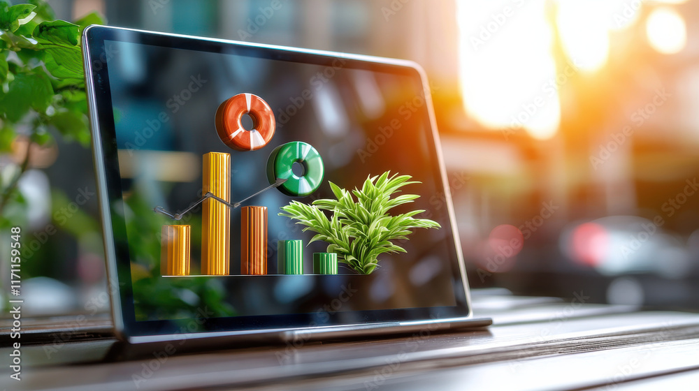 Leinwandbilder digital tablet displaying colorful analytics charts and graphs alongside green plant symbolizes grow