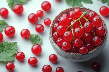 Juicy red currants in a bowl surrounded by leaves on a light surface captured during daylight in a kitchen setting