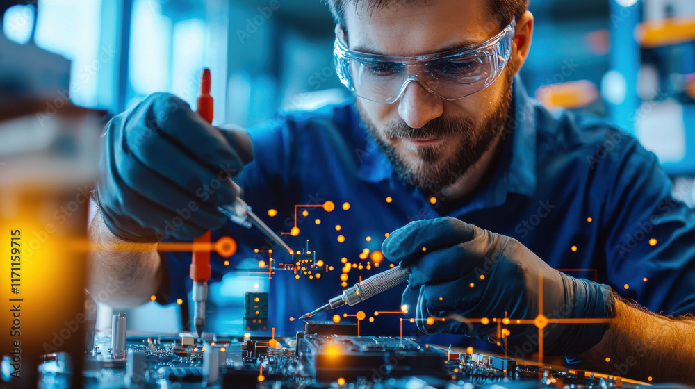 Poster engineer working on circuit board, wearing safety goggles and gloves, focused on intricate details o