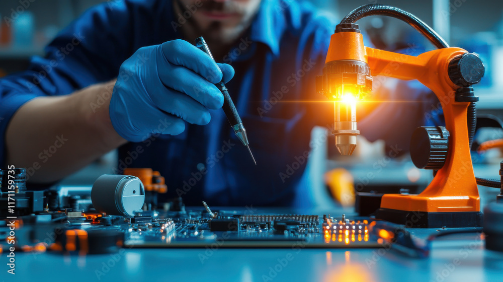 Leinwandbilder close up of engineer working on circuit board with soldering tool, showcasing precision and focus in