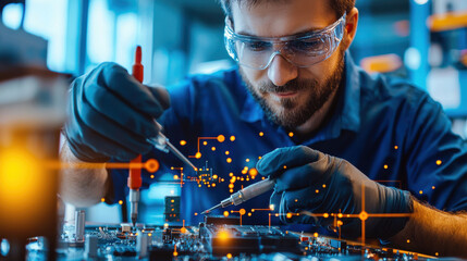 Engineer working on circuit board, wearing safety goggles and gloves, focused on intricate details of electronics, showcasing precision and expertise in technology