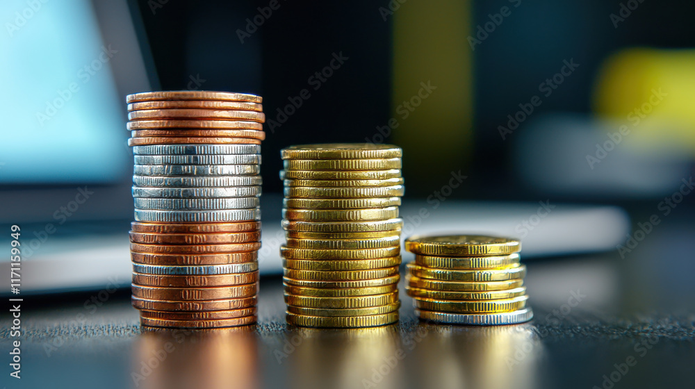 Poster close up of stacked coins in various colors next to financial reports, symbolizing wealth and invest