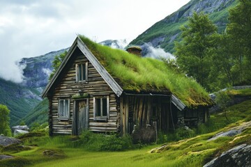 Obraz premium Rustic Norwegian Countryside: Old Wooden House with Grassy Roof nestled in the Serene Scandinavian Landscape