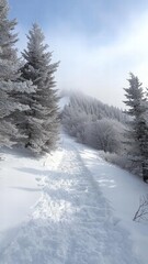 Fototapeta premium Beautiful winter landscape with snow-covered path and frosted trees against a serene, misty backdrop, perfect for conveying the magic of a snowy day.