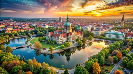 Fototapeta premium Surreal Aerial View of Hannover City Center, Maschsee Lake & New Town Hall