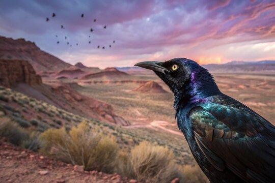 Surreal Arizona Grackle: Dreamlike Desert Avian Portrait