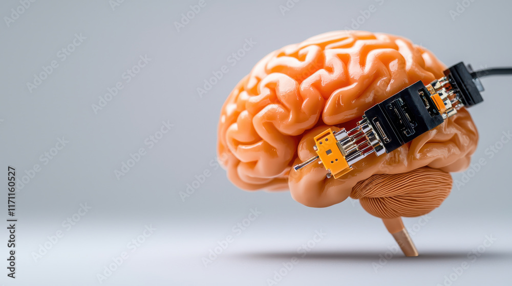 Leinwandbilder conceptual depiction of brain with neural interface, showcasing technology and biology integration. This evokes curiosity about future of human enhancement and connectivity