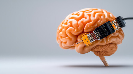 conceptual depiction of brain with neural interface, showcasing technology and biology integration. This evokes curiosity about future of human enhancement and connectivity