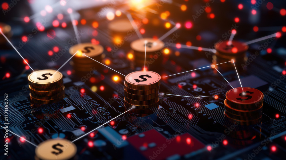 Leinwandbilder Digital currency network with interconnected coins and circuits, symbolizing economic effects of globalization and technology