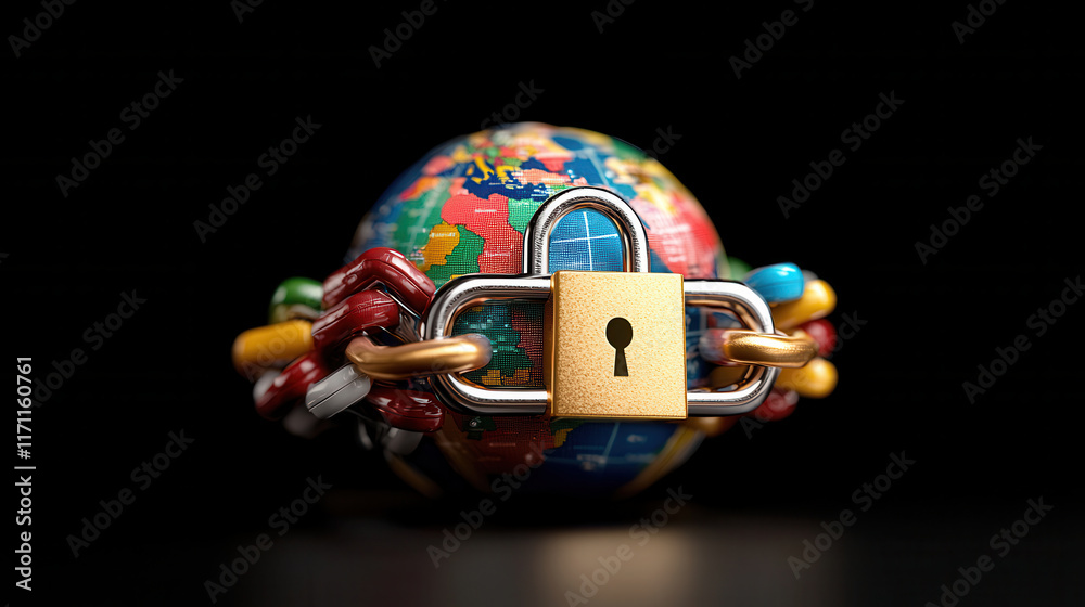 Aufkleber conceptual image of globe secured with digital lock, symbolizing global security and protection. vibrant colors of globe represent diversity and interconnectedness