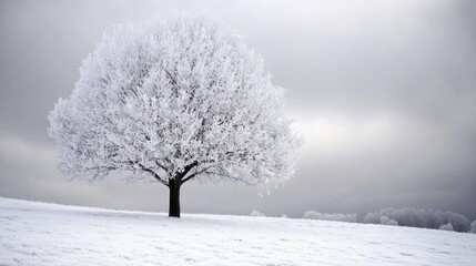 A solitary tree covered in frost stands in a snowy landscape under a cloudy sky.