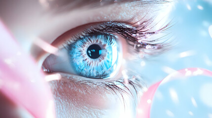 Close-up blue eye, futuristic particles, abstract background; medical, technology, science concept