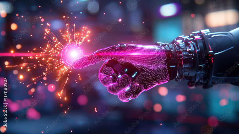 Leinwandbilder futuristic robotic hand touching glowing energy sphere, symbolizing integration of technology and innovation. vibrant colors and sparks create dynamic atmosphere