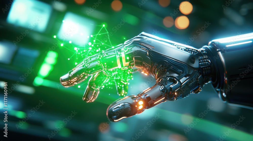 Fototapete futuristic robotic hand interacts with glowing green data, symbolizing ai integration in technology.