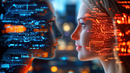image depicts conceptual representation of artificial intelligence transforming communication, showcasing digital face and human face close proximity, symbolizing fusion of technology and