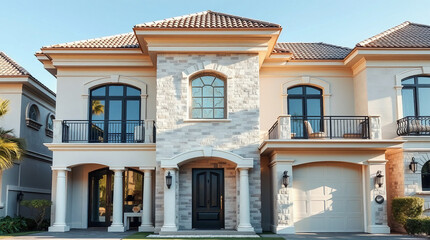 Obraz premium Two-Story House with Central Stone Facade and Arched Windows