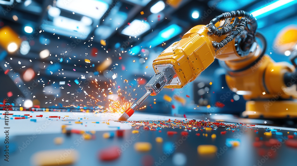 Poster robotic arm creating sparks while working on colorful surface, showcasing intersection of technology