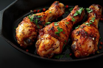 Grilled chicken drumsticks garnished with herbs served in a cast-iron skillet ready for a delicious meal at a summer barbecue gathering