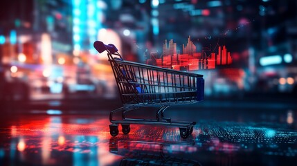 A futuristic shopping cart with digital elements, symbolizing commerce and technology.