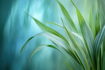 Naklejka premium Close-up of long, elegant green leaves with striped textures against a soft blue-green background, creating a serene and natural aesthetic