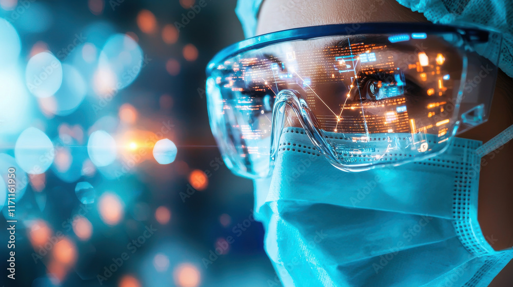 Poster advanced medical technology displayed through smart glasses, showcasing data visualization and innov