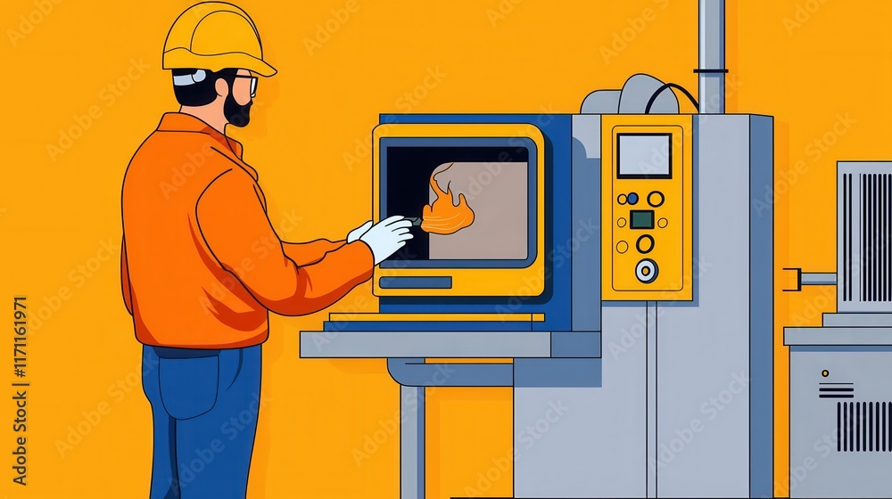 Poster industrial worker using computer to control factory machinery and automation
