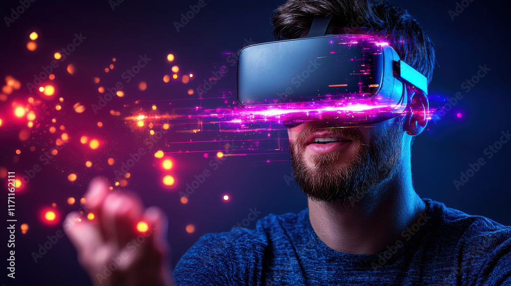 Poster immersive virtual reality experience with man wearing vr glasses, interacting with vibrant digital e