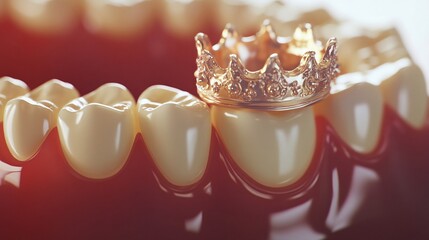 A golden crown resting on a set of teeth, symbolizing dental health or luxury.
