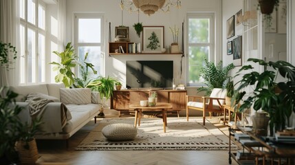 Scandinavian Home Interior: Rustic Wooden Shelving Unit in Modern Living Room