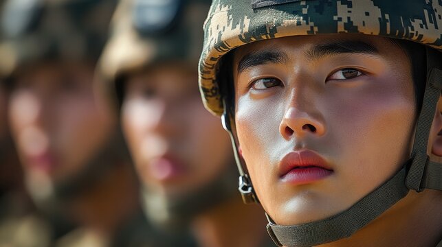 Military training event showcasing soldiers in uniform with focus on a young recruit during an early morning drill in a training facility - Powered by Adobe