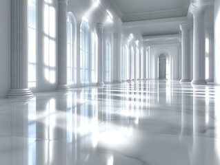 Sunlit classical hall with marble floor and columns.