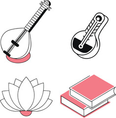 Simple icons of Sitar, Thermometer, Lotus Flower and Books.