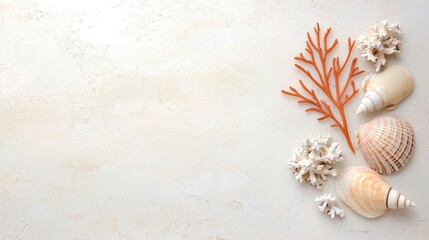 Obraz premium Colorful Sea Shells and Coral on Soft Textured Background for Beach and Ocean Themes