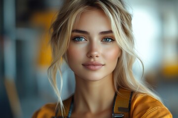 Obraz premium Beautiful young woman with light blonde hair and striking blue eyes smiles warmly while wearing a yellow top and apron in a brightly lit workshop during the day