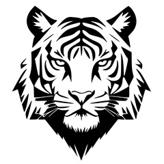 Minimalist black tiger face vector illustration on white background. Bold monochrome single-color flat design, clean lines, geometric shapes, modern aesthetic, piercing eyes, fierce expression, Adobe 