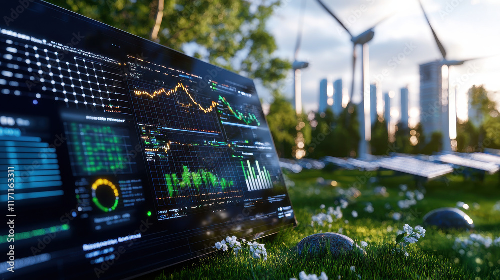 Leinwandbilder digital dashboard displaying data on renewable energy trends, featuring graphs and statistics, with wind turbines and solar panels in background, showcasing sustainable future