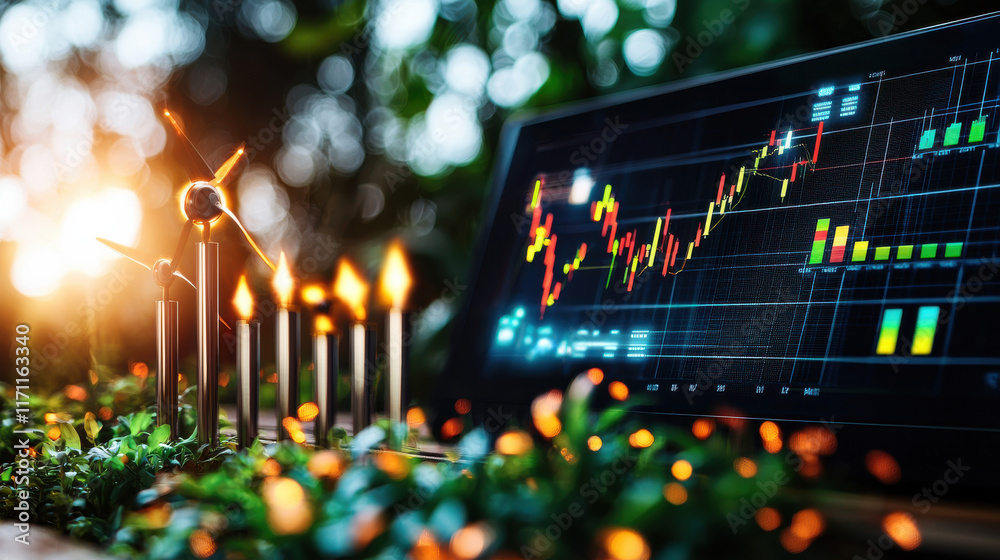 Poster digital dashboard displaying financial data with nature backdrop, featuring candles and greenery, sy