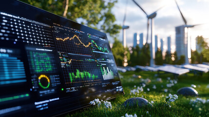 digital dashboard displaying data on renewable energy trends, featuring graphs and statistics, with wind turbines and solar panels in background, showcasing sustainable future