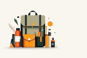 A flat design of a khaki green backpack filled with outdoor gear like water bottles and flashlights, styled with bright colors on a white canvas