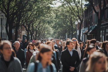 blurred photo Crowd of unknown people on the street on sunny morning.