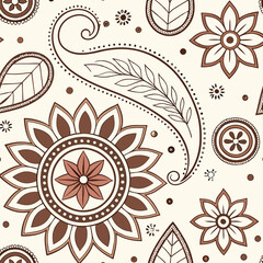 A seamless repeating pattern showcasing intricate paisley and floral designs in warm brown and cream tones.