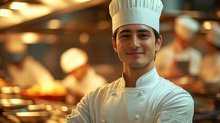 Young chef smiles confidently in a bustling kitchen during peak dinner service while preparing dishes alongside the culinary team