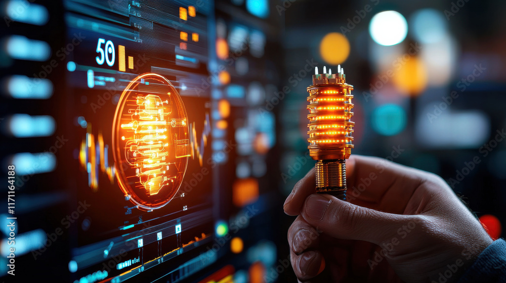 Poster hand holding glowing device in front of digital interface displaying real time data. vibrant colors and intricate details create futuristic atmosphere