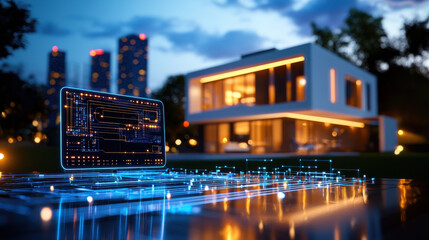 digital mock up of smart home with interconnected devices, showcasing modern architecture and technology. scene is illuminated at dusk, highlighting innovation and comfort