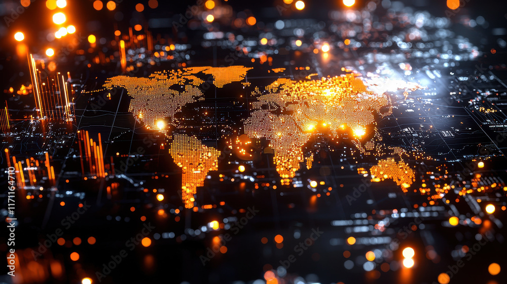 Aufkleber digital world map with highlighted countries, showcasing vibrant network of connections and data points. glowing orange elements create futuristic atmosphere