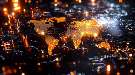 digital world map with highlighted countries, showcasing vibrant network of connections and data points. glowing orange elements create futuristic atmosphere