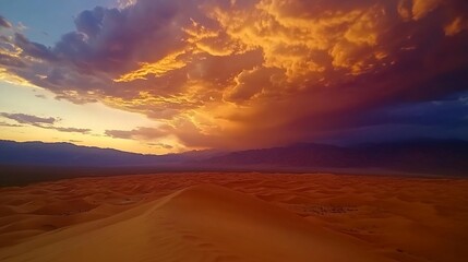 Dramatic sunset over desert sand dunes with distant mountains