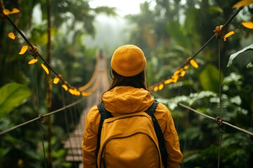 Naklejka premium An adventurous jungle trekker crossing a rope bridge over a deep ravine surrounded by dense greenery