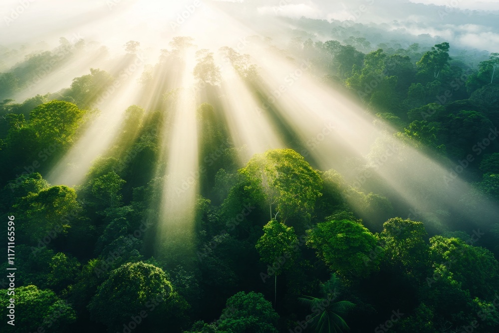 Aufkleber An aerial view of a sprawling jungle canopy, with patches of sunlight creating a mosaic of light and shadow